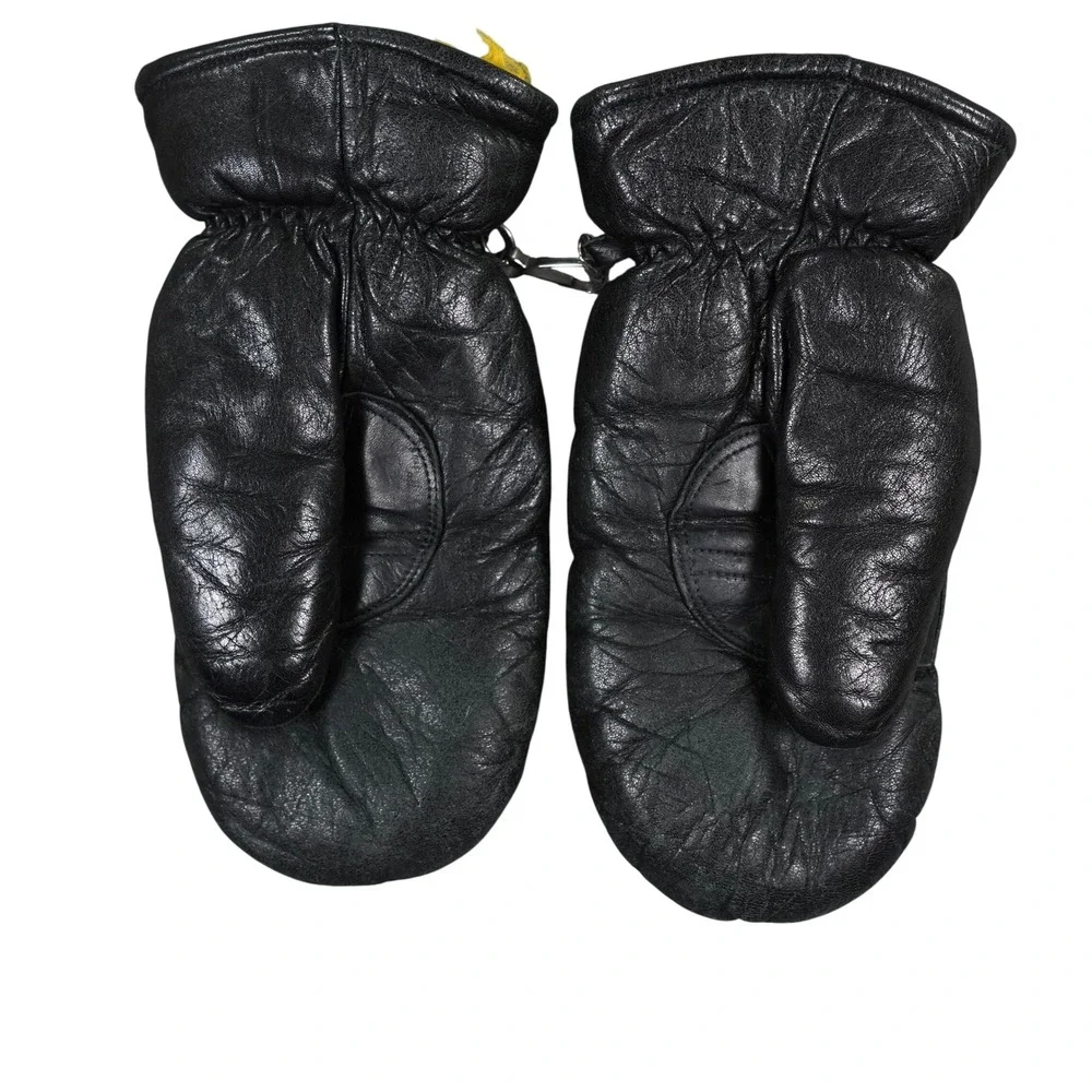 Aris Ski Mittens Womens Large Black Leather VTG Winter Outdoor Hiking Japan Logo